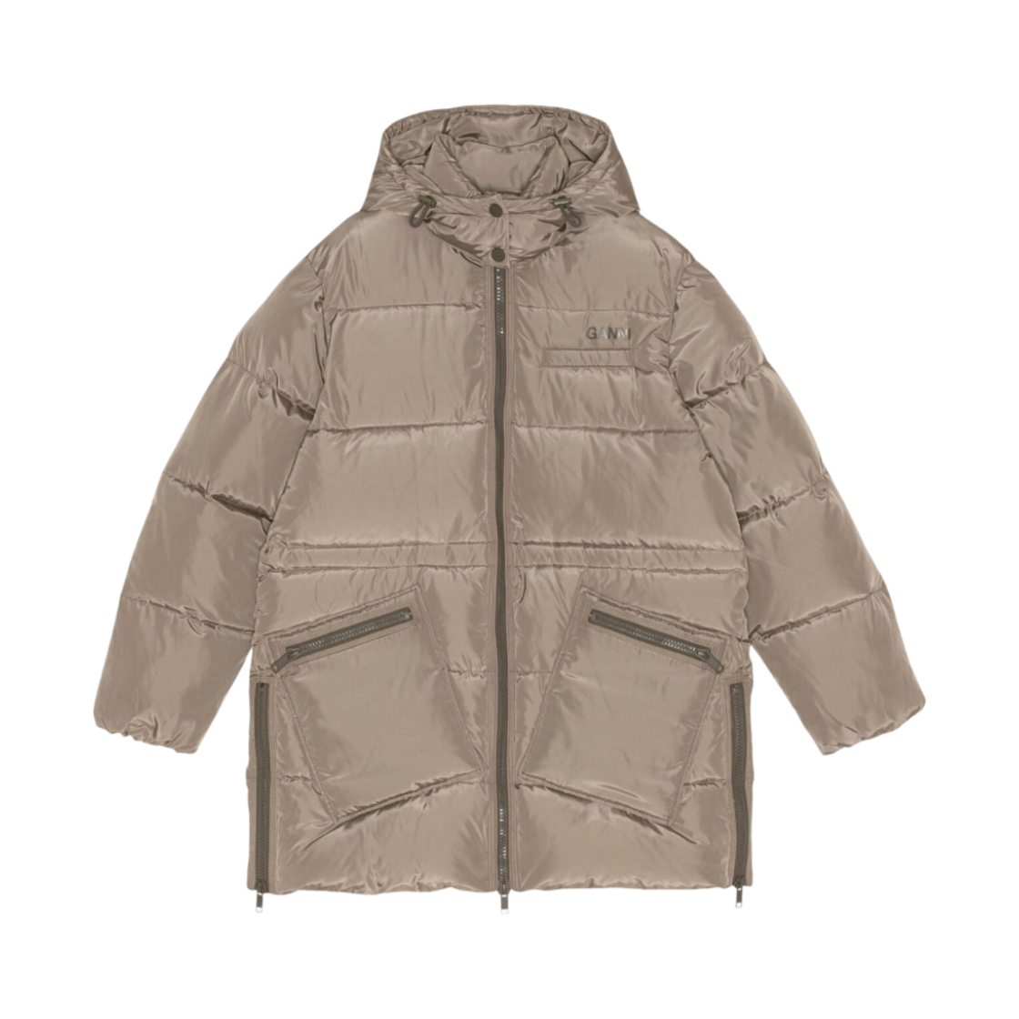 (W) 가니 오버사이즈 테크 퍼퍼 미디 자켓 포실((W) Ganni Oversized Tech Puffer Midi Jacket Fossil) - 1