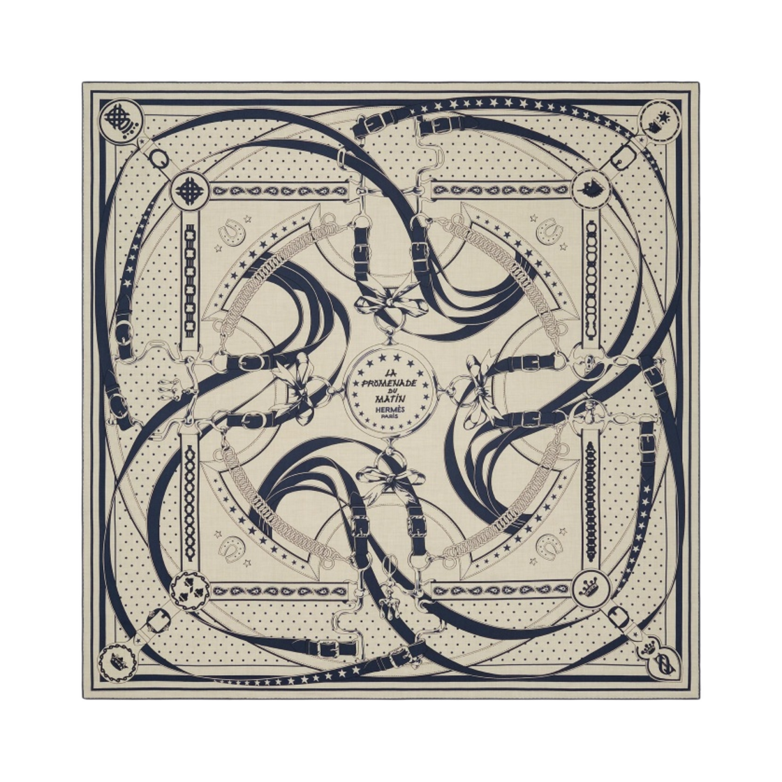 (W) 에르메스 라 프홈나드 두 마틴 반다나 숄 140 나뛰렐 마린 누아((W) Hermes La Promenade du Matin Bandana Shawl 140 Naturel Marine Noir) - 1