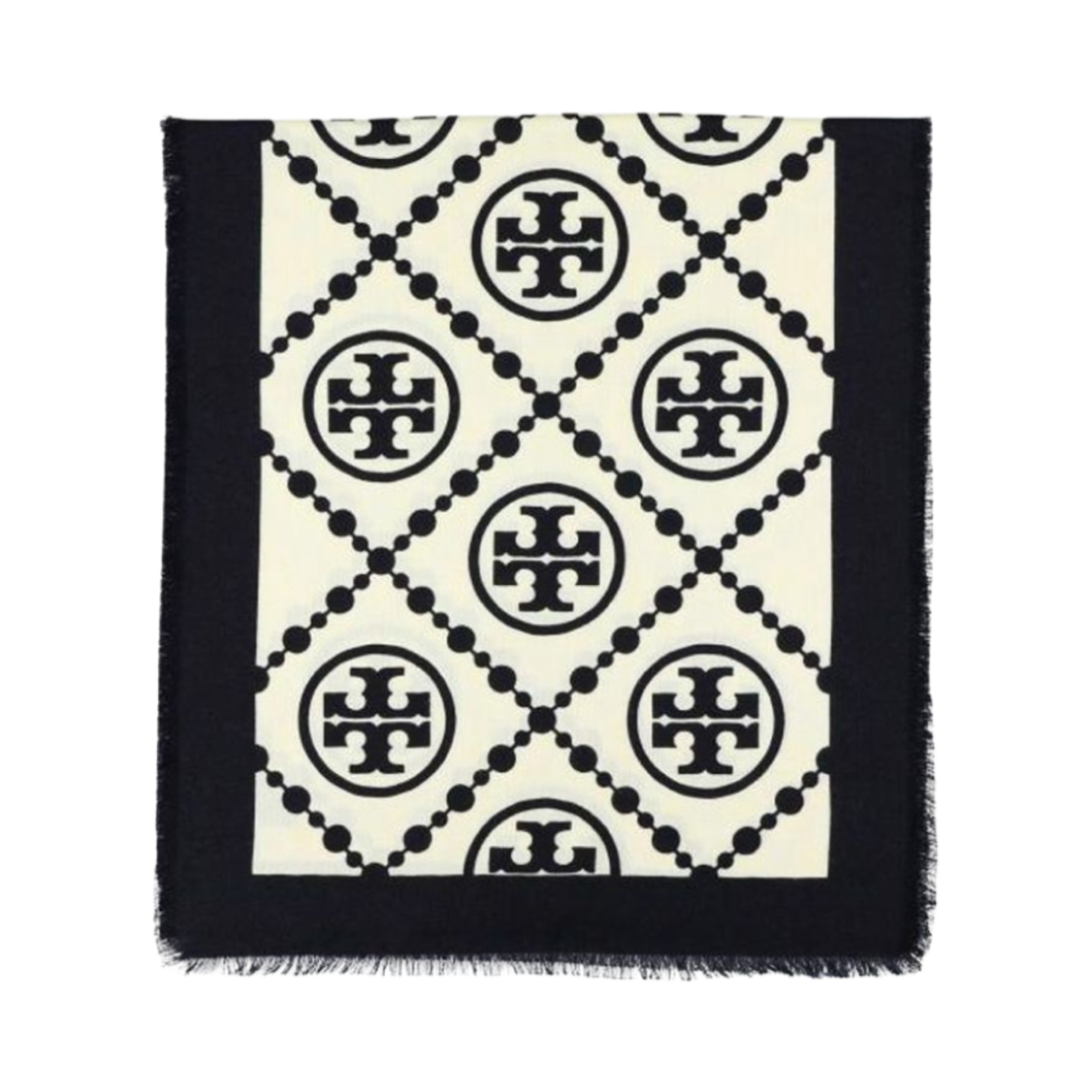 (W) 토리버치 T 모노그램 보더드 오블롱 스카프 블랙((W) Tory Burch T Monogram Bordered Oblong Scarf Black) - 1