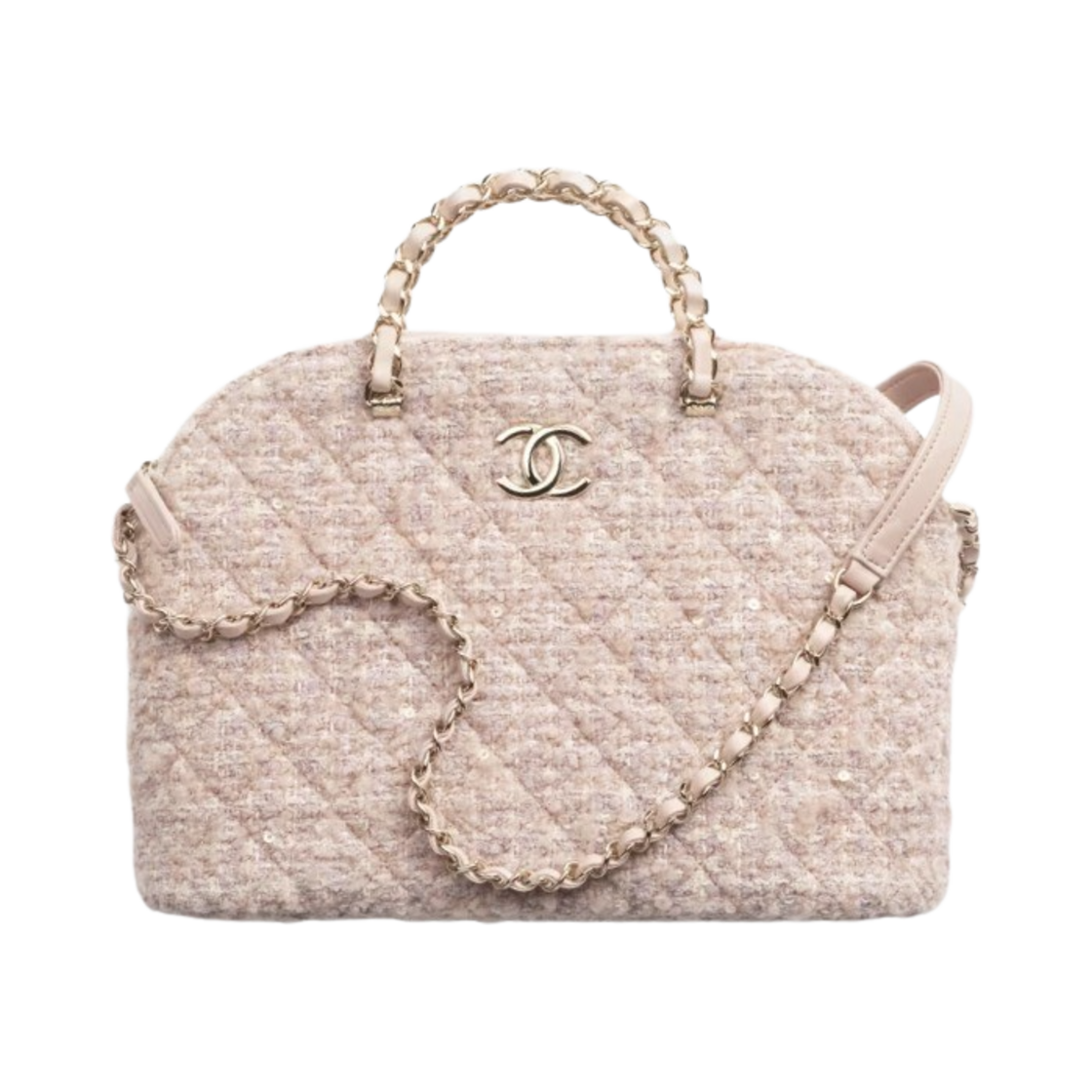 샤넬 스몰 쇼핑백 코튼 울 코튼 트위드 시퀸 & 골드 메탈 라이트 핑크 베이지 에크루(Chanel Small Shopping Bag Cotton Wool Tweed Sequins & Gold Light Pink Beige Ecru) - 1