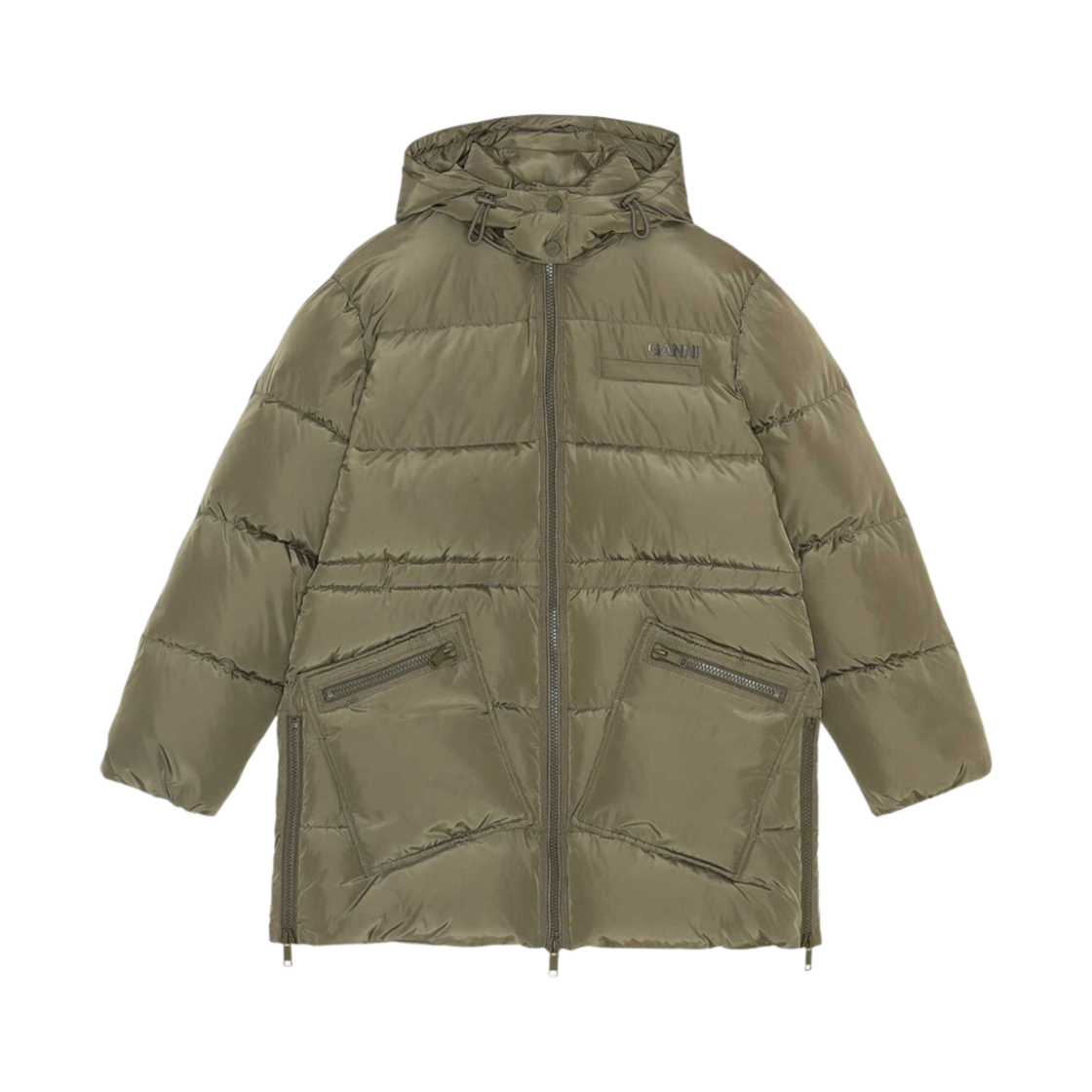 (W) 가니 리사이클 폴리에스터 오버사이즈 퍼퍼 미디 자켓 칼라마타((W) Ganni Recycled Polyester Oversized Puffer Midi Jacket Kalamata) - 1