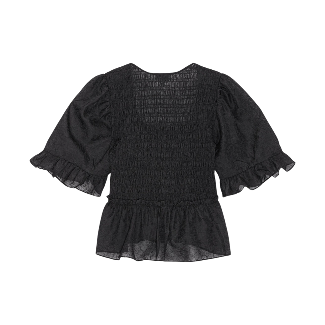 (W) 가니 크링클드 조지테 스모크 블라우스 블랙((W) Ganni Crinkled Georgette Smock Blouse Black) - 2