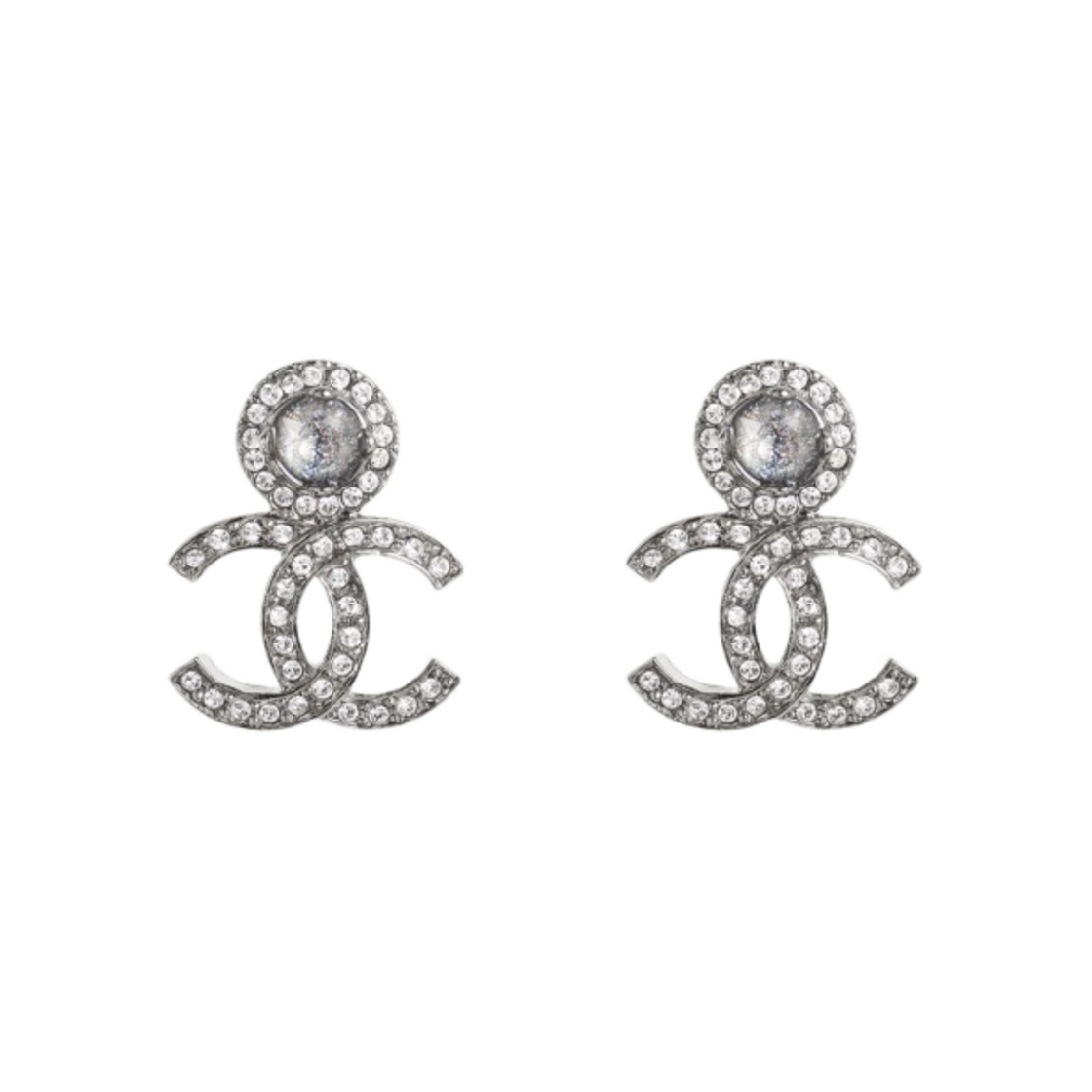 (W) 샤넬 스터드 이어링 메탈 스트라스 & 루테늄 그레이 크리스탈((W) Chanel Stud Earrings Metal Strass & Ruthenium Grey Crystal)