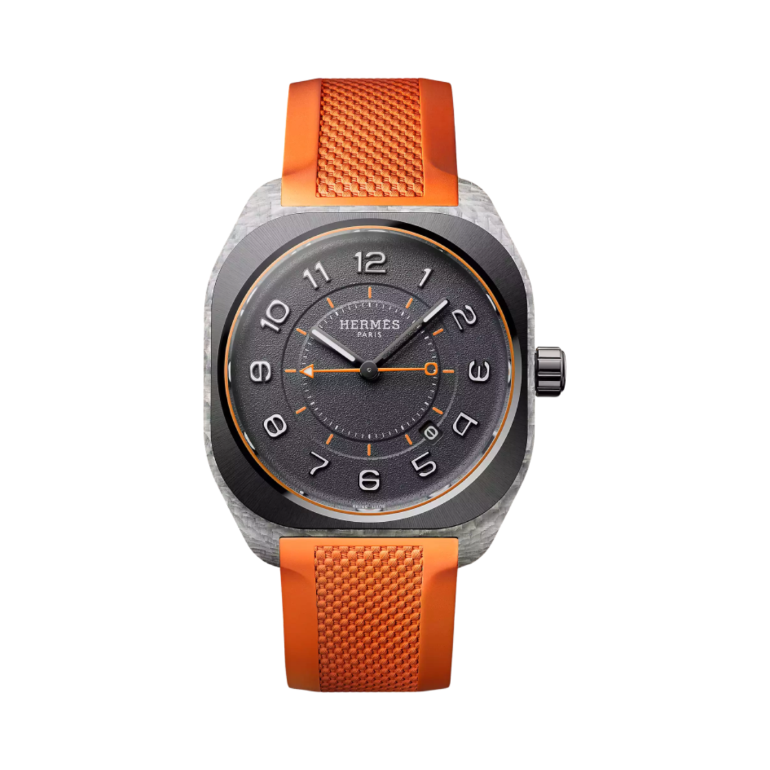 W402992WW00 Hermes H08 Watch Extra Large Orange Rubber Strap & Black Glass Fiber Composite