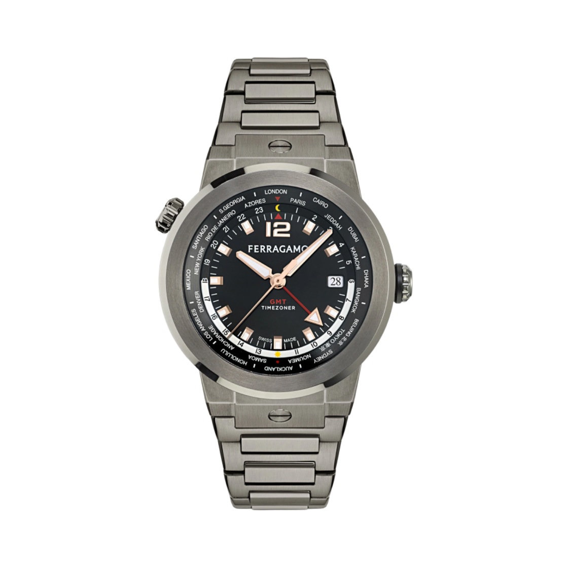 페라가모 F-80 GMT 쿼츠 43mm 스테인리스 스틸 블랙(Ferragamo F-80 GMT Quartz 43mm Stainless Steel Black)