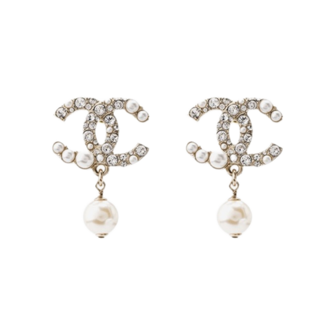 (W) 샤넬 이어링 메탈 글래스 펄 스트라스 & 골드 펄리 화이트 크리스탈((W) Chanel Earrings Metal Glass Pearls Strass & Gold Pearly White Crystal) - 1