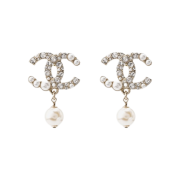 (W) Chanel Earrings Metal Glass Pearls Strass & Gold Pearly White Crystal
