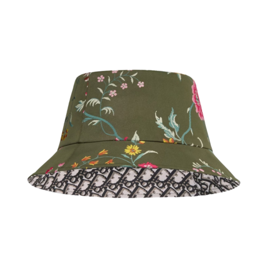 (W) Dior Teddy D Dior Petites Fleurs Reversible Small Brim Bucket Hat Khaki Multicolor Technical Jacquard