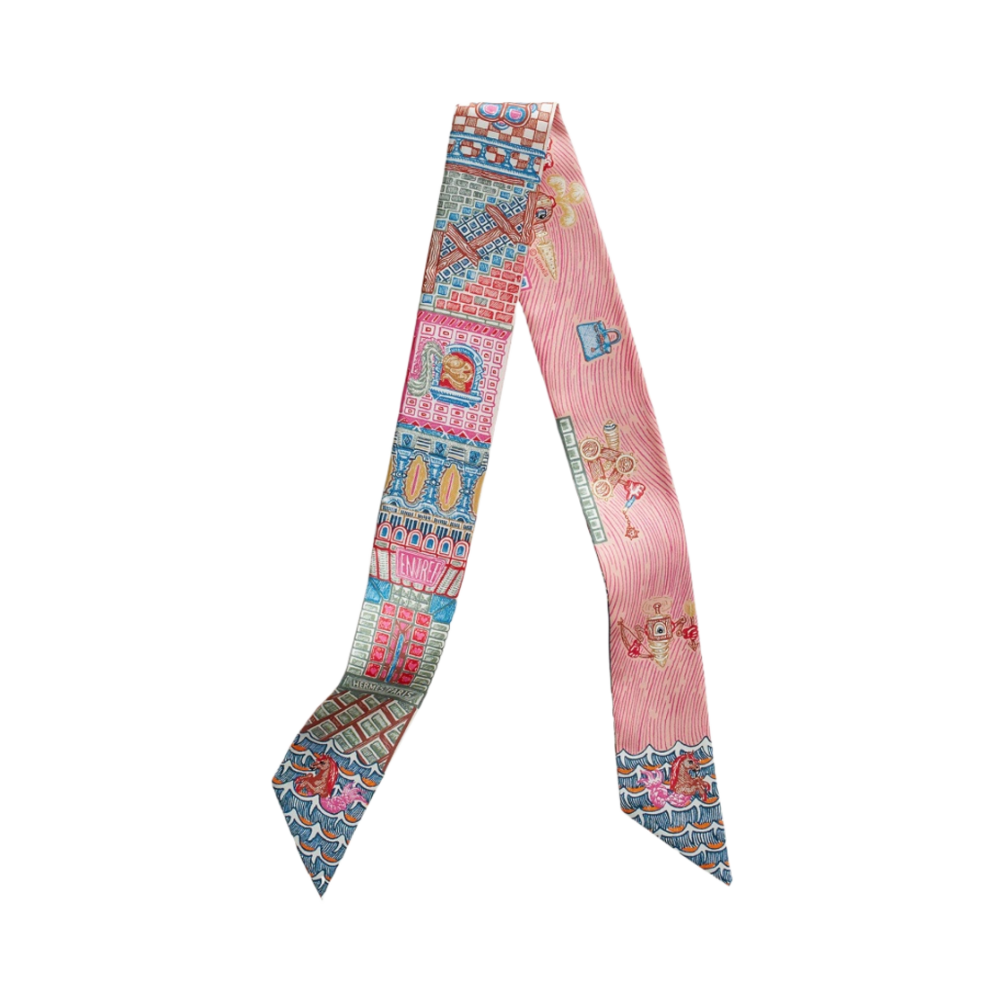 H064011S06 (W) Hermes Super Silk Quest Twilly Rose Vif Bleu Vert Amande