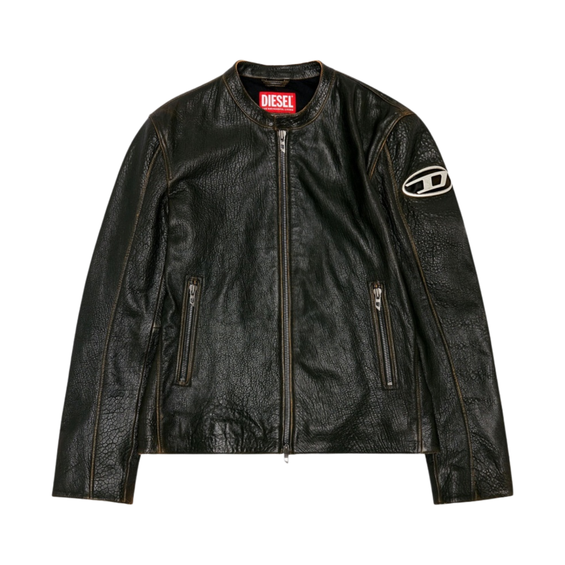 디젤 L-코베 링클 레더 바이커 자켓 브라운