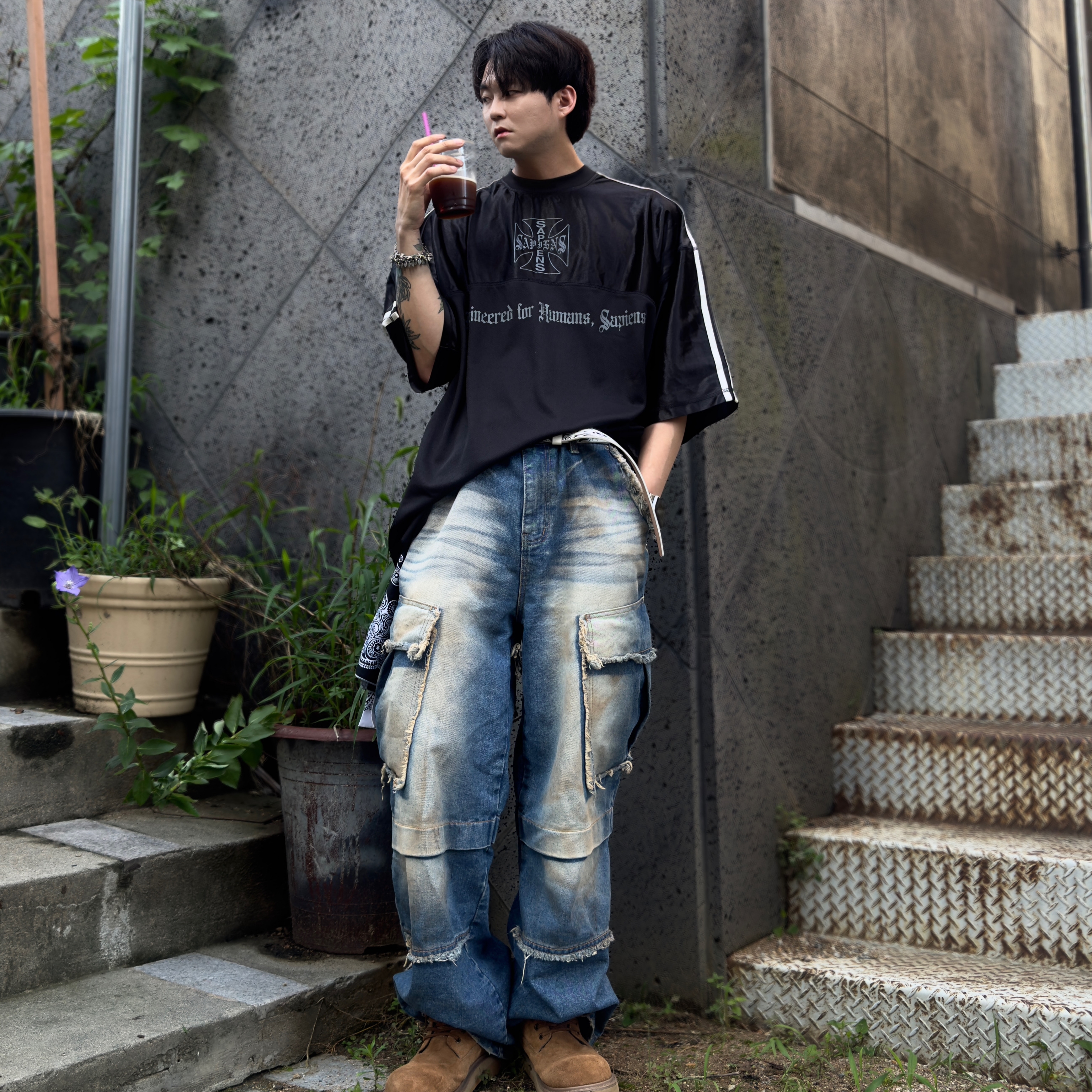 Sapiens Neo Rugby Over Fit  Short Sleeves Black 착용 스타일 - 2