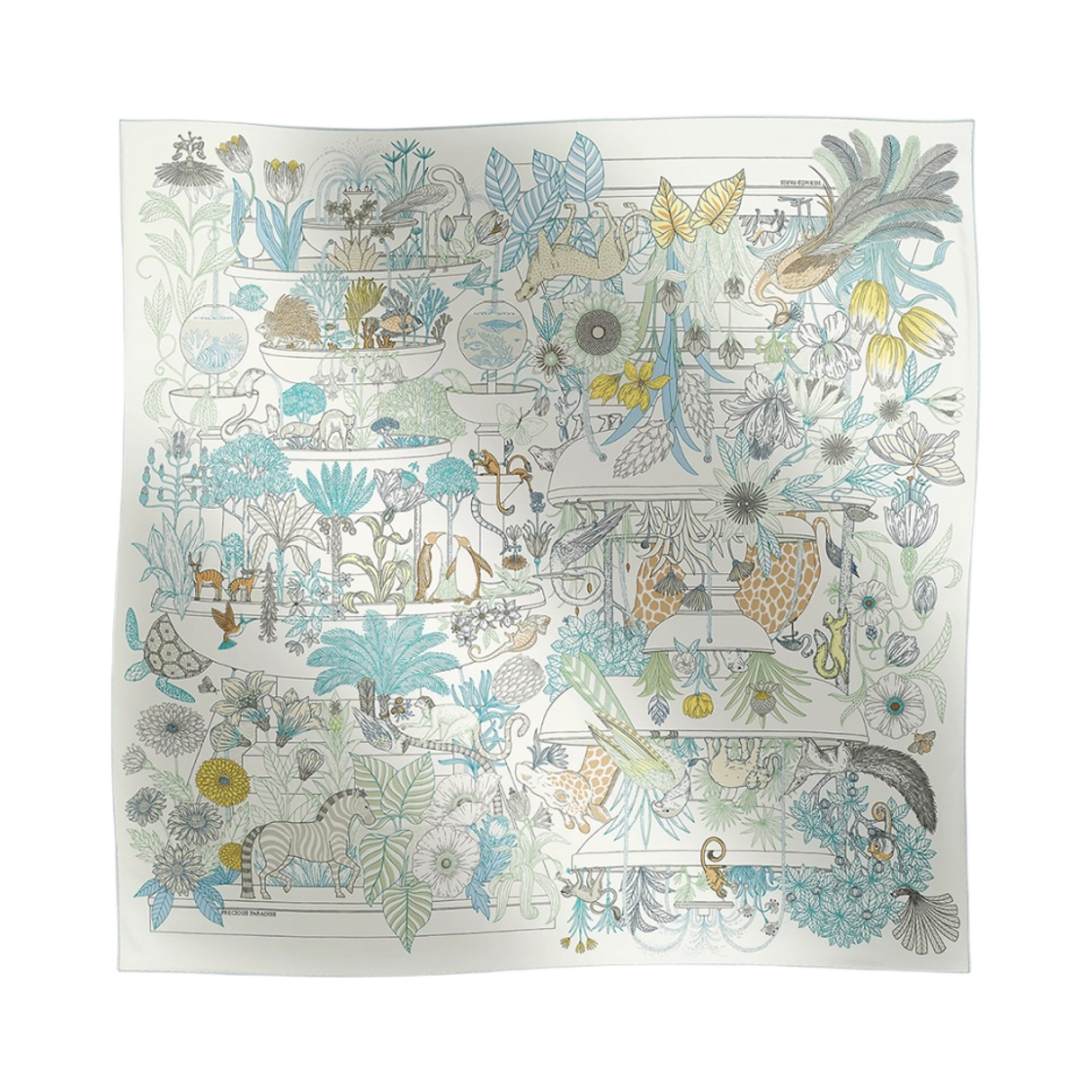 H004094S14 (W) Hermes Precious Paradise Scarf 90 Blanc Aqua Menthol