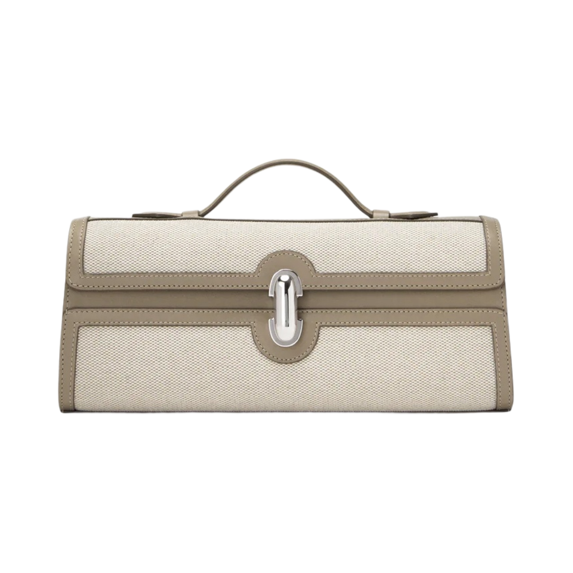 사베트 슬림 시메트리 포쉐트 코튼 캔버스 카프스킨 레더 트림 클레이(Savette Slim Symmetry Pochette in Cotton Canvas Calfskin Leather with Trim Clay)