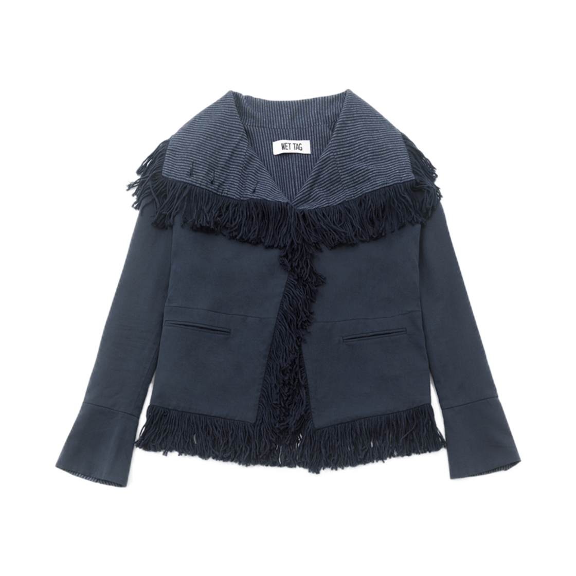 웻태그 하이넥 프린지 코튼 자켓 네이비