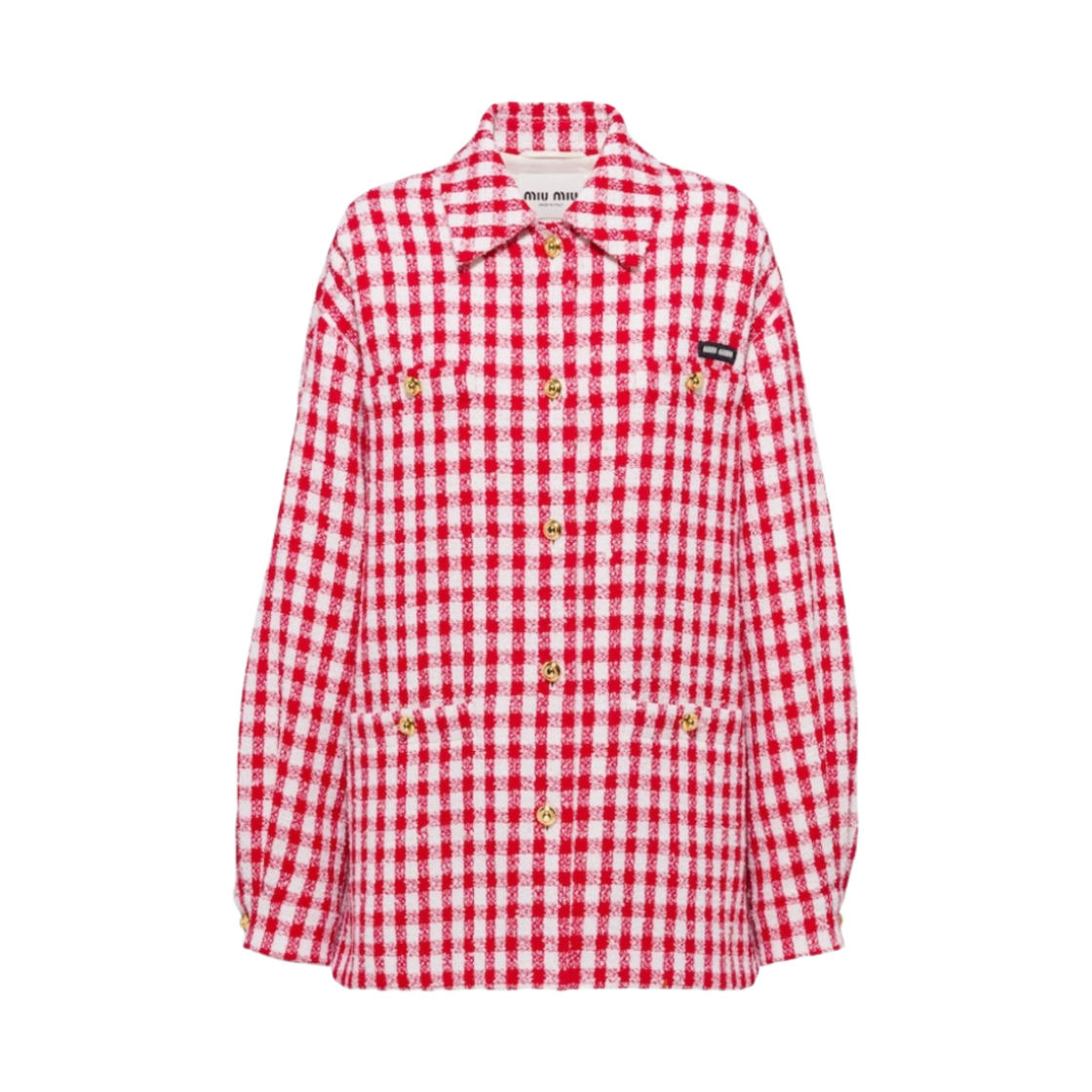 (W) 미우 미우 깅엄 체크 부클레 블루종 자켓 화이트 레드((W) Miu Miu Gingham Check Boucle Blouson Jacket White Red) - 1