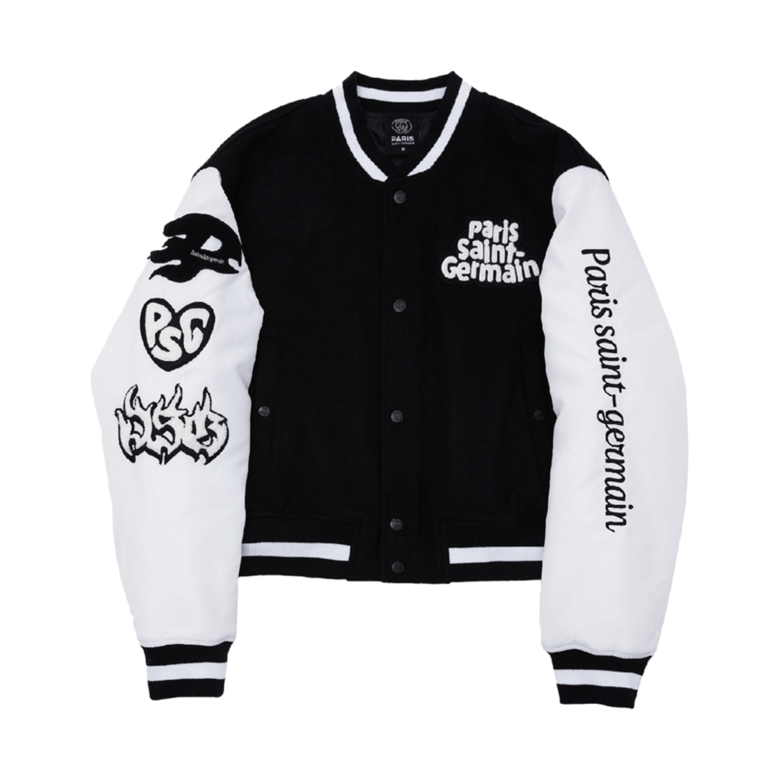 오버더피치 파리 생제르망 패치워크 와펜 크롭 바시티 자켓 블랙(Over The Pitch PSG patchwork wappencrop varsity jacket)