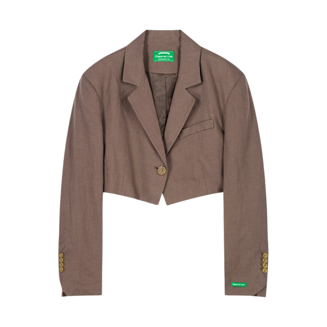 P00000JD Green Butter Women One Button Crop Linen jacket Brown