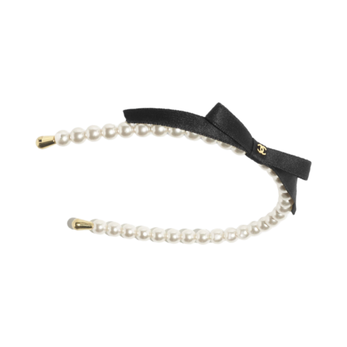 (W) 샤넬 헤어밴드 이미테이션 펄 메탈 사틴 & 펄리 화이트 골든 블랙((W) Chanel Headband Imitation Pearls Metal Satin & Pearly White Golden Black)