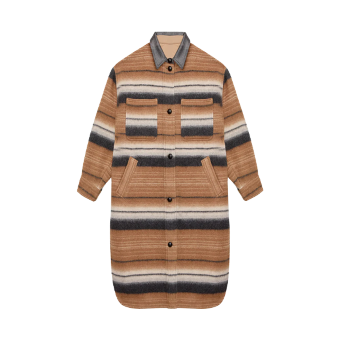 (W) 이자벨 마랑 질라 롱 스트라이프 울 오버셔츠 코트 카멜 - 25SS((W) Isabel Marant Djila Long Striped Wool Overshirt Coat Camel - 25SS) - 1