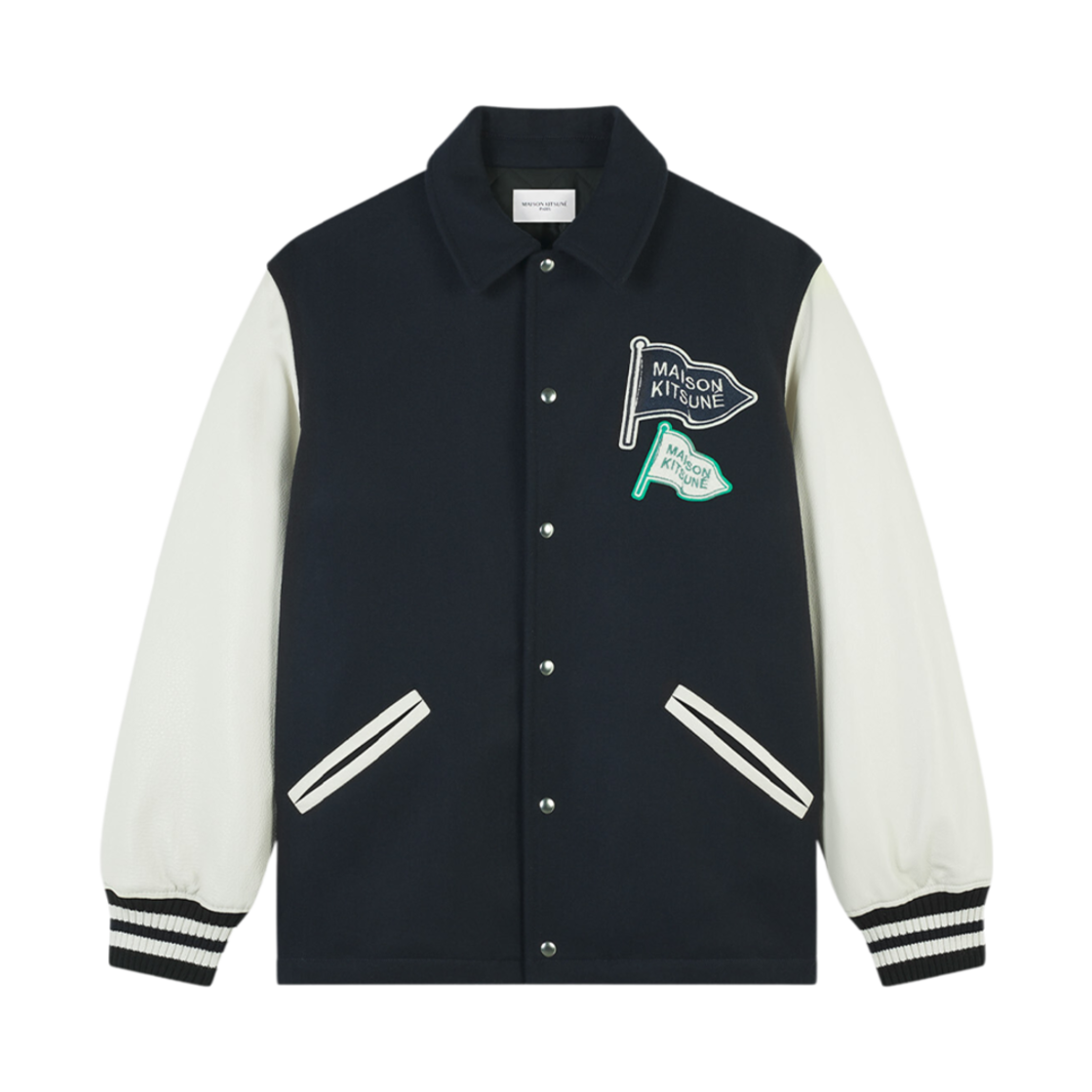 LM02109WM0023-P476 Maison Kitsune Varsity Jacket In Wool Felt With Leather Sleeves Ink Blue