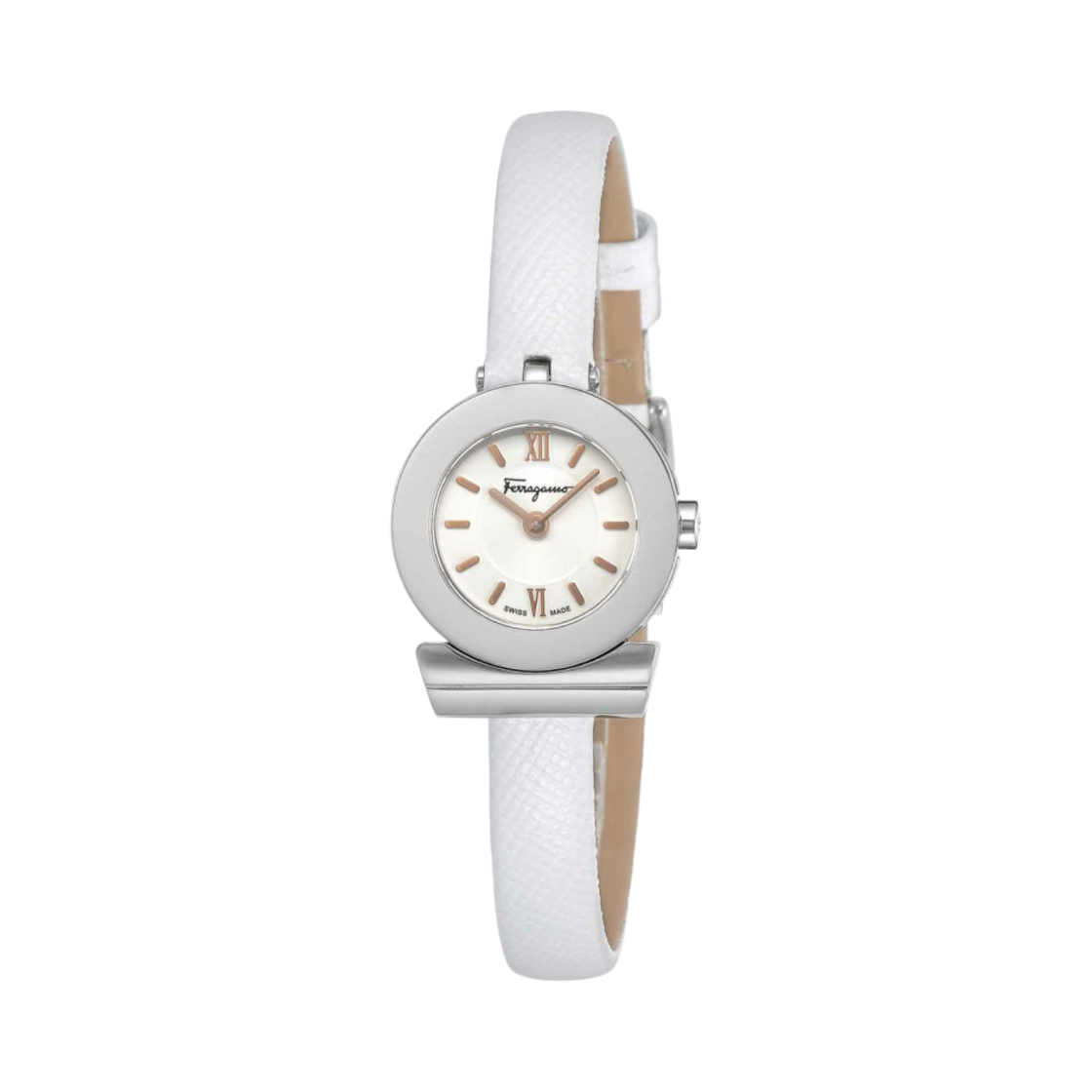 (W) 페라가모 간치니 쿼츠 22.5mm 레더 실버 화이트((W) Ferragamo Gancini Quartz 22.5mm Leather Silver White)