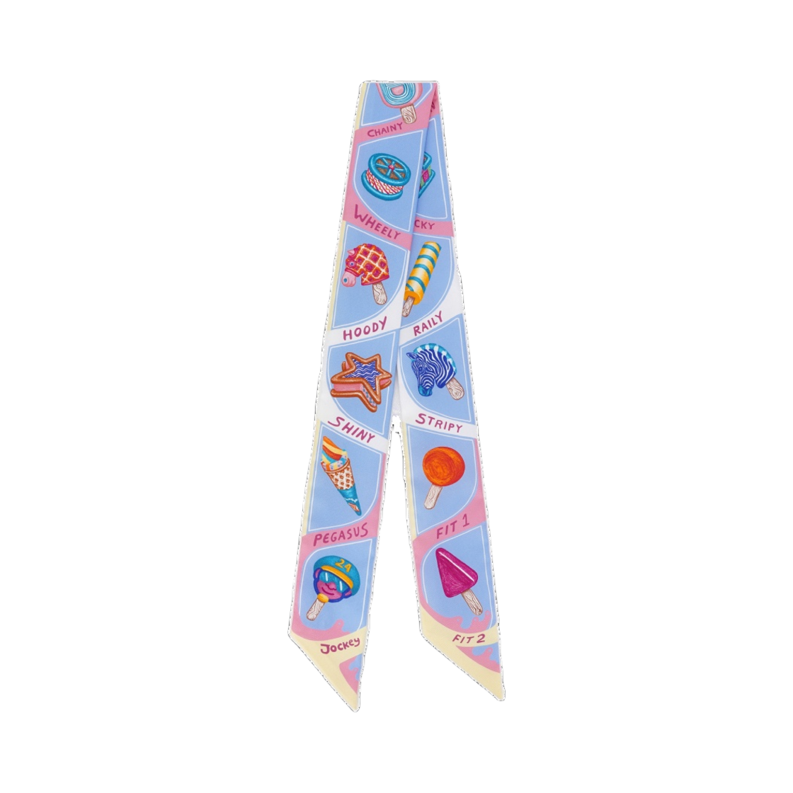 H064109S09 (W) Hermes Funny Ice Cream Twilly Bleu Ciel Rose Bonbon Jaune