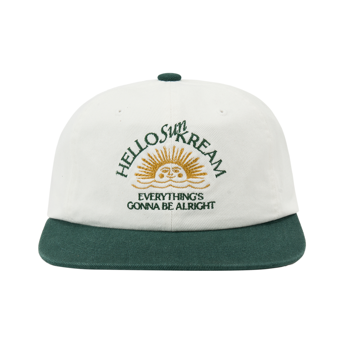 KREAM 머치 헬로 선 크림 릴렉스드 핏 아치 로고 6패널 캡 오프 화이트 그린 - 25SS(KREAM MERCH Hello Sun Kream Relaxed Fit Arch Logo 6 Panel Cap Off White Green - 25SS)