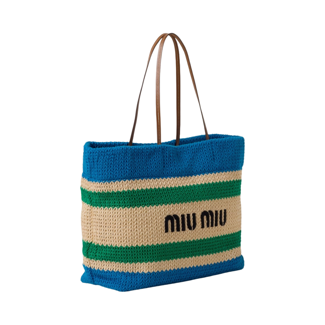 미우 미우 라피아 앤 코튼 토트백 베이지 라이트 블루(Miu Miu Raffia and Cotton Tote Bag Beige Light Blue) - 2