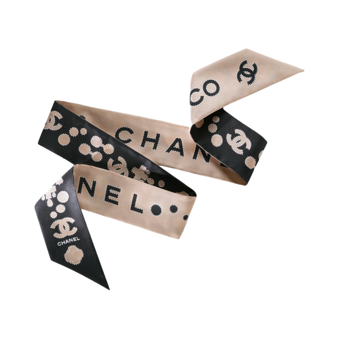 (W) 샤넬 슬림 방도 실크 트윌 & 블랙 라이트 베이지 에크루