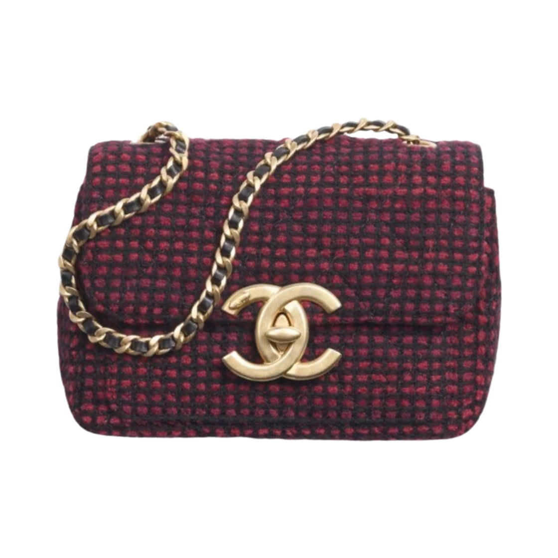 샤넬 미니 플랩 백 코튼 트위드 & 골드 메탈 버건디 블랙(Chanel Mini Flap Bag Cotton Tweed & Gold Burgundy Black) - 1