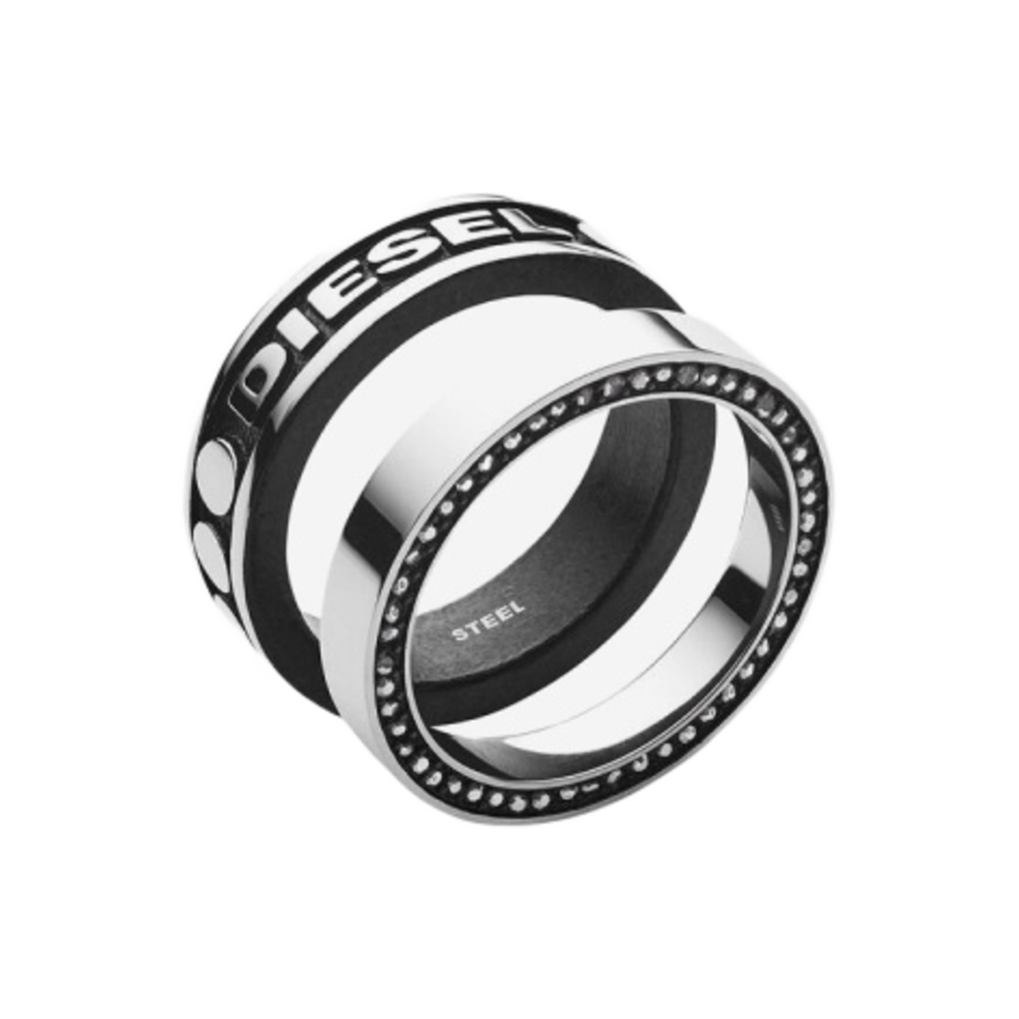 디젤 Dx1170 스테인리스 스틸 링 세트 실버 블랙 (2개 세트)(Diesel Dx1170 Stainless Steel Ring Set Silver Black (Set of 2))