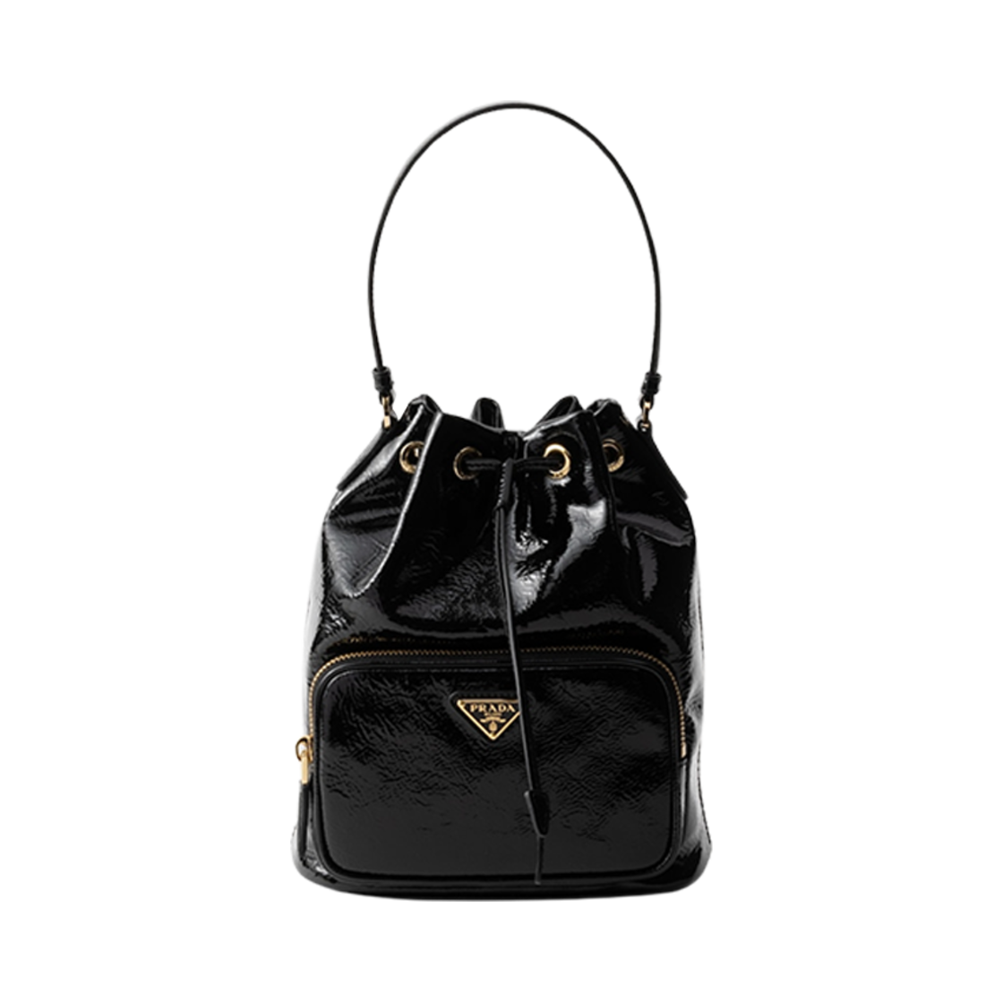1BH038-2DNT-F0002 Prada Duet Naplak Patent Leather Bucket Bag Black