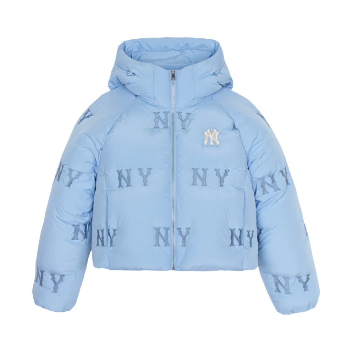 (W) MLB 메가그램 후드 크롭 푸퍼 자켓 뉴욕 양키스 스카이 블루((W) MLB Megagram Hooded Crop Puffer Jacket New York Yankees Sky Blue)
