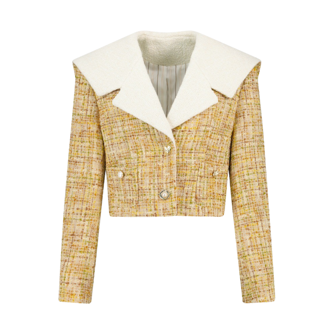 그린 버터 우먼 골드 멀티 버튼 세일러 트위드 자켓 멀티 옐로우(Green Butter Women Gold Multi Button Sailor Tweed Jacket Multi Yellow)
