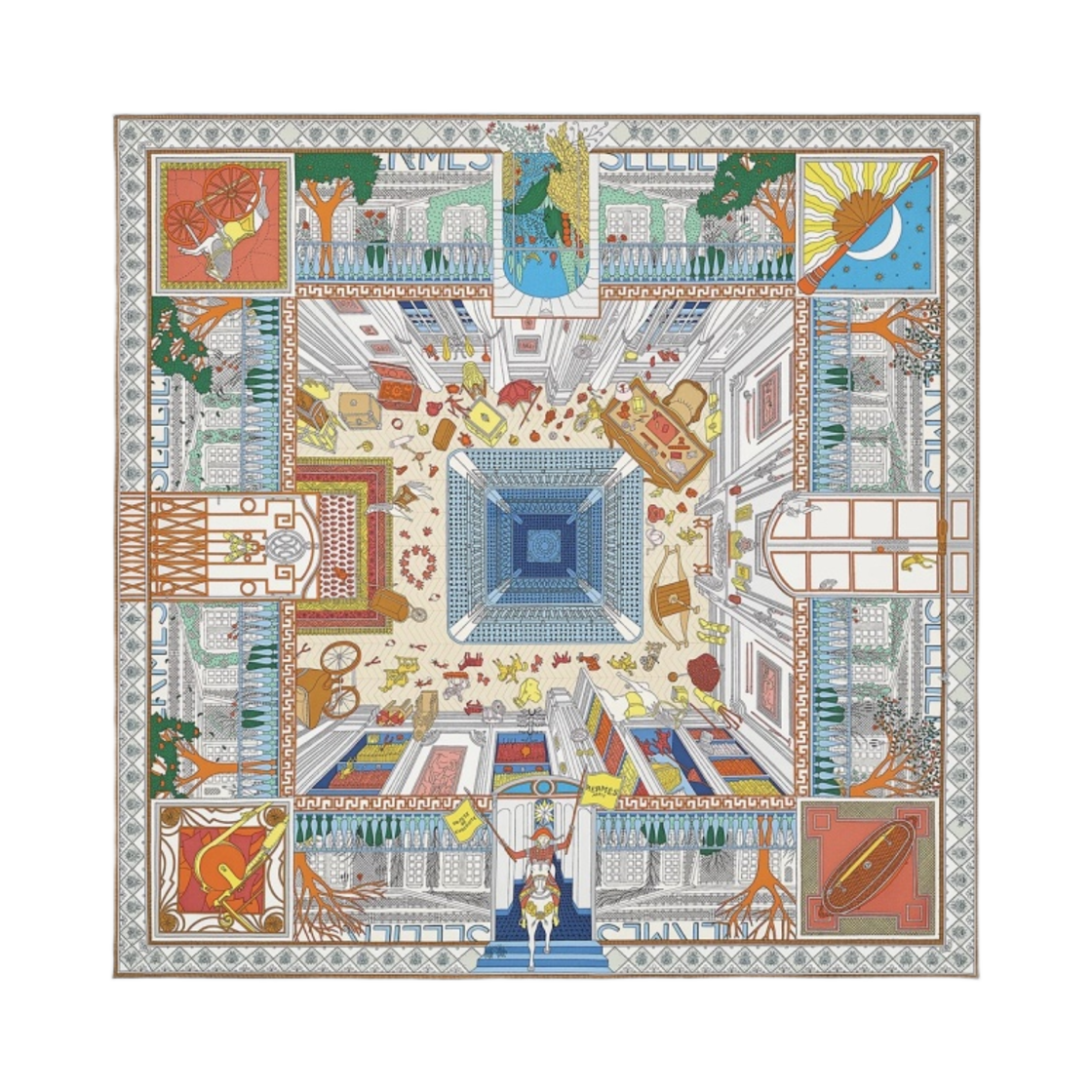 (W) 에르메스 오브젝트 드 큐리오시떼 스카프 90 블루 라방드 그리 멀티꼴로르((W) Hermes Objets de Curiosite Scarf 90 Bleu Lavande Gris Multicolore) - 1
