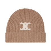 (W) Celine Triomphe Embroidered Beanie in Seamless Cashmere Camel