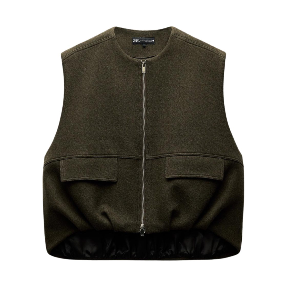 (W) 자라 ZW 컬렉션 울 블렌드 볼루미너스 웨이스트코트 카키((W) Zara ZW Collection Wool Blend Voluminous Waistcoat Khaki) - 1