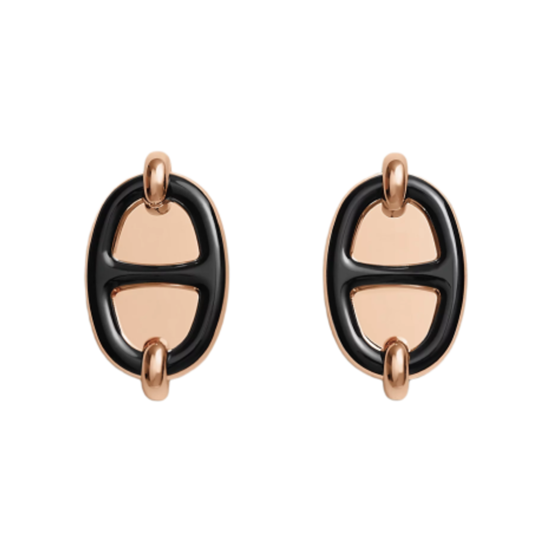 H100052FO03 (W) Hermes Mini Maillon Earrings Lacquered Metal & Rose Gold Noir
