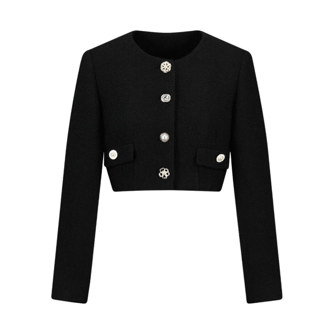 그린 버터 우먼 실버 멀티 버튼 트위드 크롭 자켓 블랙(Green Butter Women Silver Multi Button Tweed Crop Jacket Black)