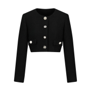 Green Butter Women Silver Multi Button Tweed Crop Jacket Black