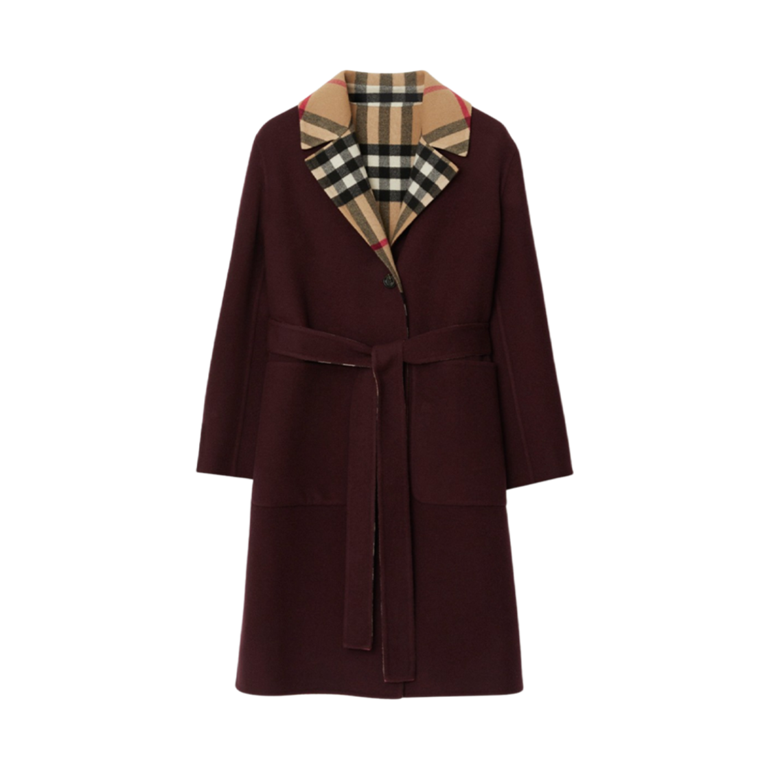 8078032 (W) Burberry Reversible Check Wool Coat Plum Archive Beige - 대표 이미지 #1