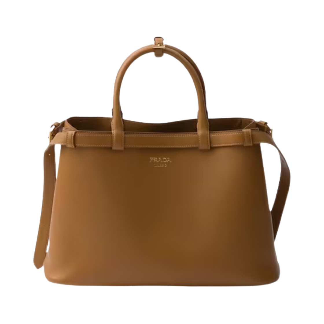프라다 프라다 버클 미디움 레더 핸드백 카라멜(Prada Prada Buckle Medium Leather Handbag With Double Belt Caramel) - 1