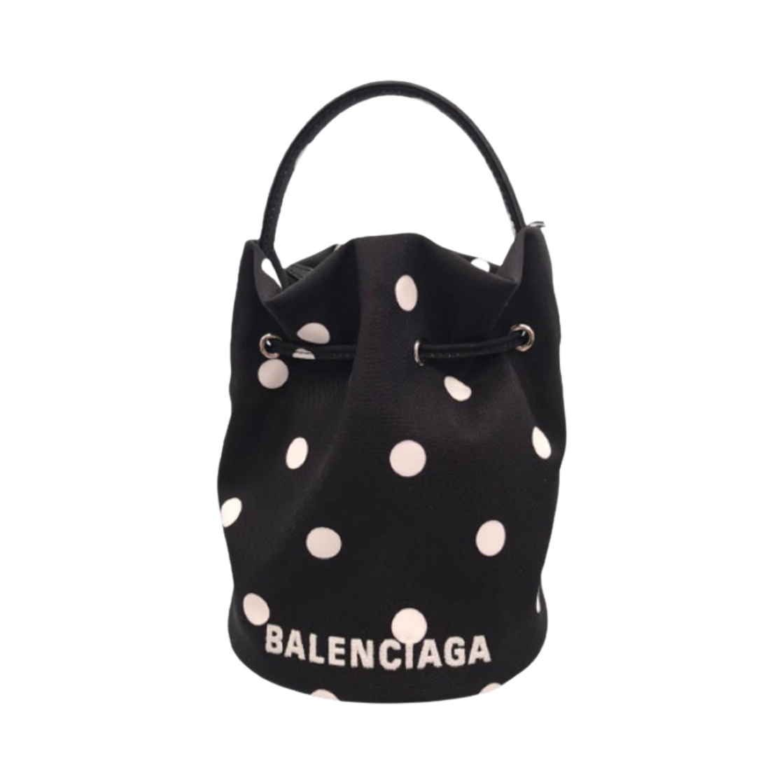 발렌시아가 스프레이 폴카 닷 프린트 휠 XS 드로우스트링 버킷백 블랙 화이트(Balenciaga Sprayed Polka Dots Printed Wheel XS Drawstring Bucket Bag Black White) - 1