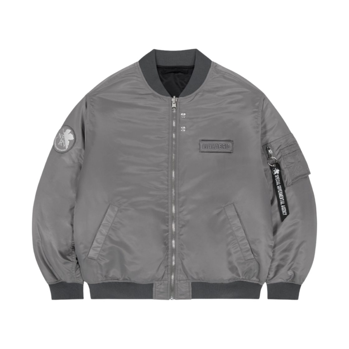 MG2EFMB904BSV Mahagrid x Evangelion Nerv Reversible Bomer Jacket Silver