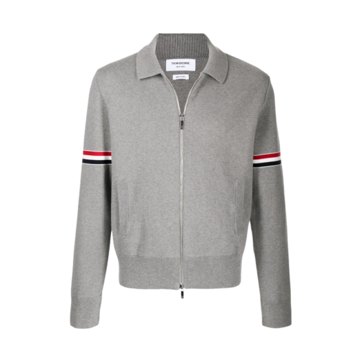 Thom Browne Cotton Milano Stitch RWB Armband Polo Bomber Jacket Light Grey
