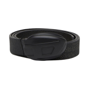 Diesel Treated Leather Belt with Logo Buckle Black