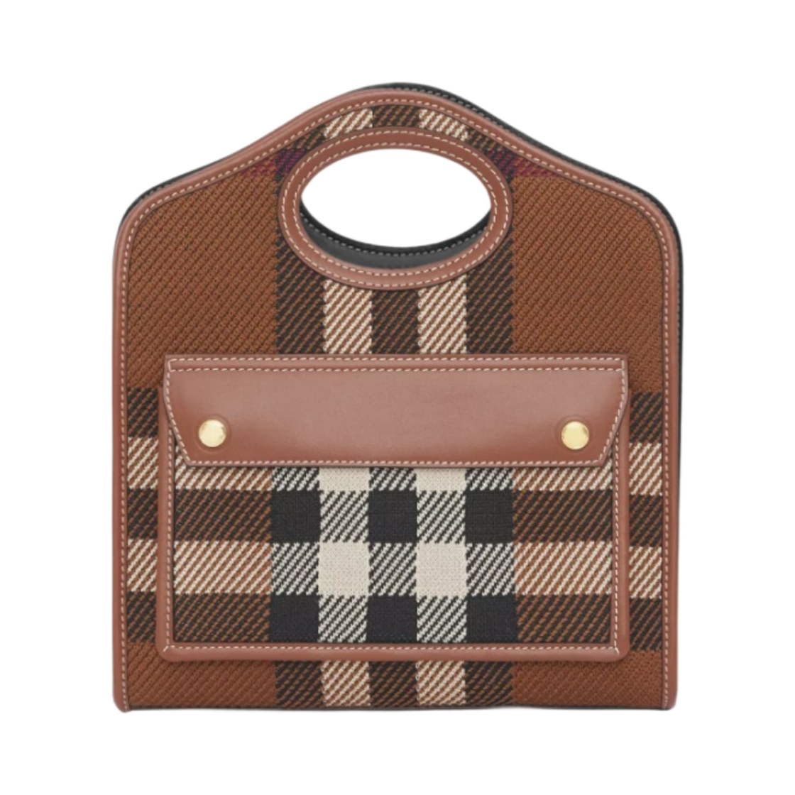 버버리 미니 니트 체크 앤 레더 포켓백 다크 버치 브라운