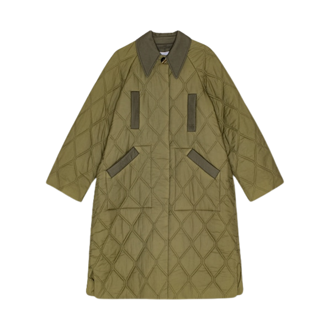 (W) 가니 퀼티드 래글런 미디 코트 칼라마타((W) Ganni Quilted Raglan Midi Coat Kalamata)