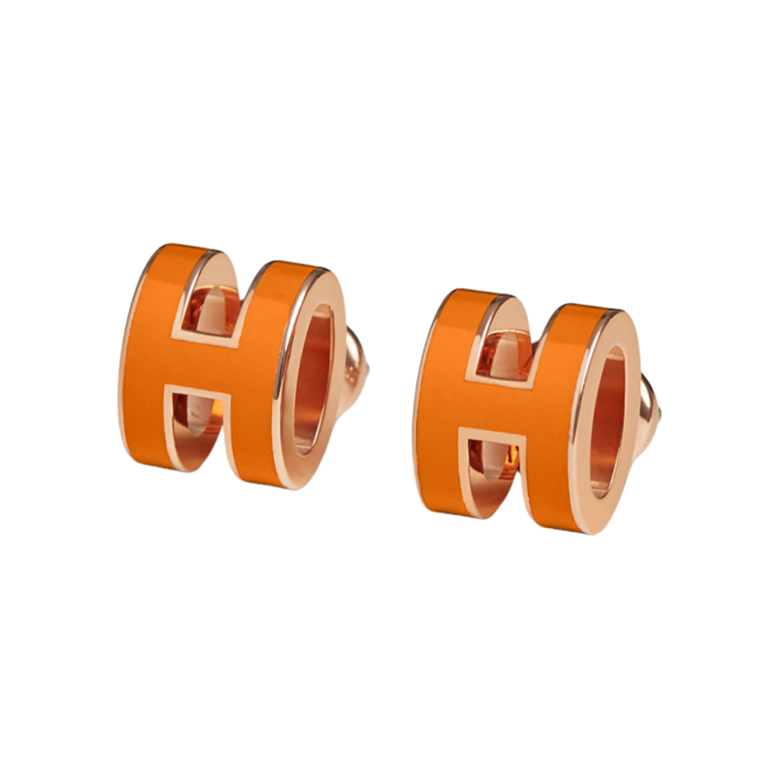 (W) 에르메스 미니 팝아슈 이어링 로즈 골드 하드웨어 & 오랑쥬 소이((W) Hermes Mini Pop H Earrings Rose Gold & Orange Soie)