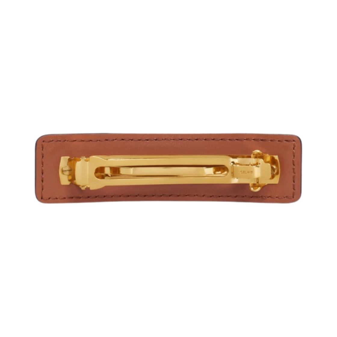 (W) 셀린느 카프스킨 & 스틸 트리옹프 캔버스 헤어 클립 골드 탄((W) Celine Triomphe Canvas Hair Clip in Calfskin & Steel and Canvas Gold Tan) - 3